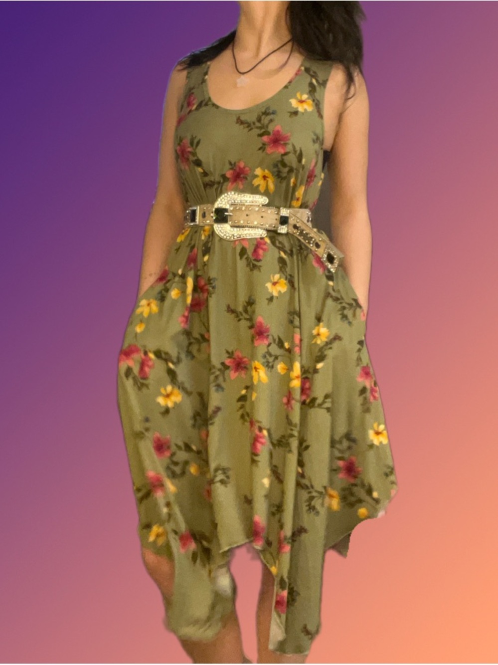 Floral Olive Midi Dress - Picture 1 of 5